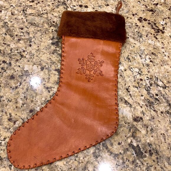 ‎Vintage Leather boho Handmade Christmas Snowflake Brown Fur Tooled Stocking - Picture 1 of 11